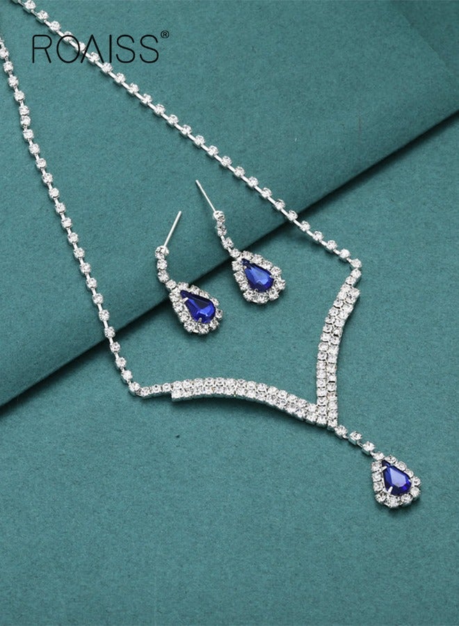 roaiss Women's Two-Piece Bride Jewelry Set Full Diamond V-Neck Teardrop Pendant Necklace and Matching Earrings Elegant Design Perfect for Weddings, Formal Events and Special Occasions Blue - Image 4